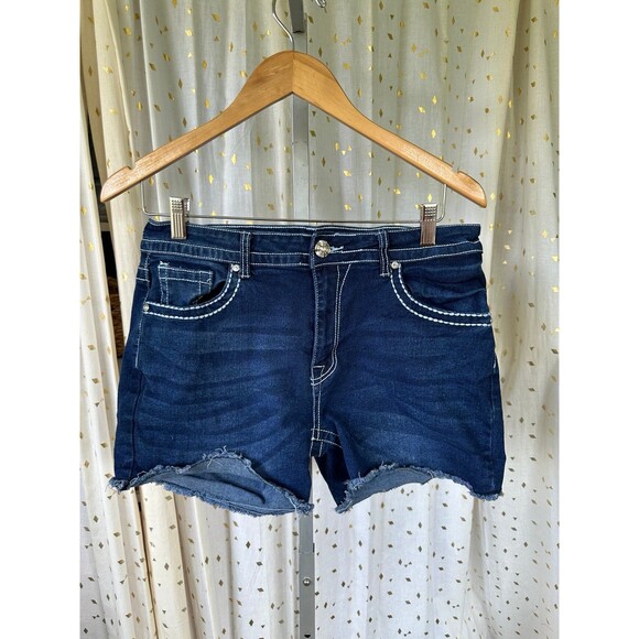 Bamboo Dark Wash Embellished Rhinestones Studs Cross Pockets Jean Shorts 13/14 - Picture 2 of 5